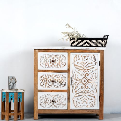 Image of Jika Wooden Sideboard Cabinet for Living Room | Carved Wooden Storage Cabinet for Home with Multiple Drawers | Handcrafted Solid Wood Cabinet for Storage Furniture for Home | White Distress