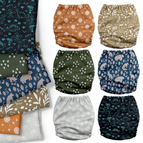 Mama Koala 3.0 Cloth Diapers for Babies with AWJ Lining, 6 Pack with 6 Natural Cloth Diaper Inserts - Reusable and Washable Pocket Diapers (Natural Elements)