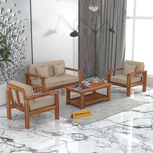 Image of KINGS HOME FURNITURE Sheesham Wooden 4 Seater Sofa for Living Room | Solid Wood Sofa | Rosewood Sofa Set for Home & Office | Lounge (Honey Finish, 4 Seater)