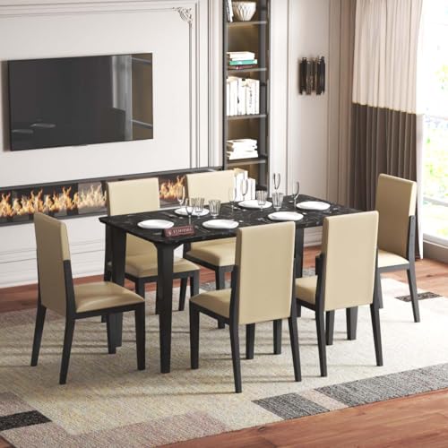 Image of Brianna Solid Wood 6 Seater Dining Room Set for Home, Living Room - Elegant Dining Table and Four Luxuriously Cushioned Chairs - Contemporary Design in Classic Black Finish