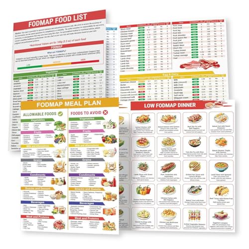 1 set di grafico Foodmap, elenco degli alimenti Low-Foodmap, tabella nutrizionale di alimenti sani, opuscolo del piano alimentare per principianti, diabeter, indice glicemico tabella guida alimentare