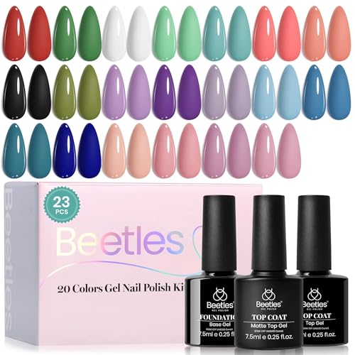 Beetles Gel Nail Polish Set - 23pcs Gel Polish Set Summer Colors, 20 Colors Pink Green Blue Uv Gel Polish with Base Top Coat, All Season Manicure Tools for Beginners Nail Art Home