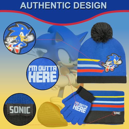 Image of Sonic The Hedgehog Winter Hat and Gloves Set - Blue Sonic Hat for Boys Ages 5-13 - Winter Hat with Scarf and Glove Set