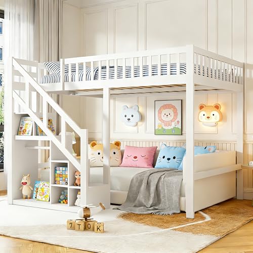 YGHQAP Litera 90x200 para niños, cama alta con somier, estante con escalera, cama de madera para niños con armario sencillo, cama alta juvenil, sin colchón, Blanco (90 * 200)