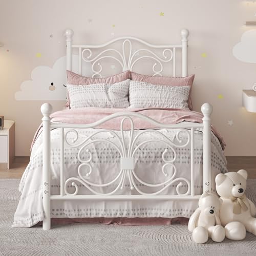 E-Motie Bett 90×200 mit Schmetterlingsmuster Kopf und Fußteil/Matratzenunterlage/Stauraum unter dem Bett/ 90 x 200 cm/Kein Lattenrost Erforderlich/Einfache Montage/Geräuscharm/Weiß
