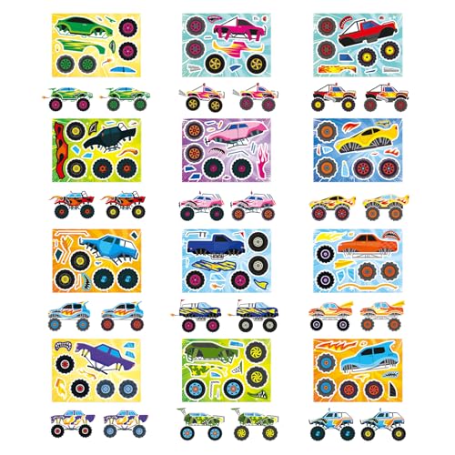 Image of Monster Truck Sticker, Make Your Own Cartoon Car Stickers for Kid Toddlers | 12 Different Designs Monster Truck Stickers, Car Craft for Party Favors, Classroom Activities, Teacher Reward, Birthday Gift