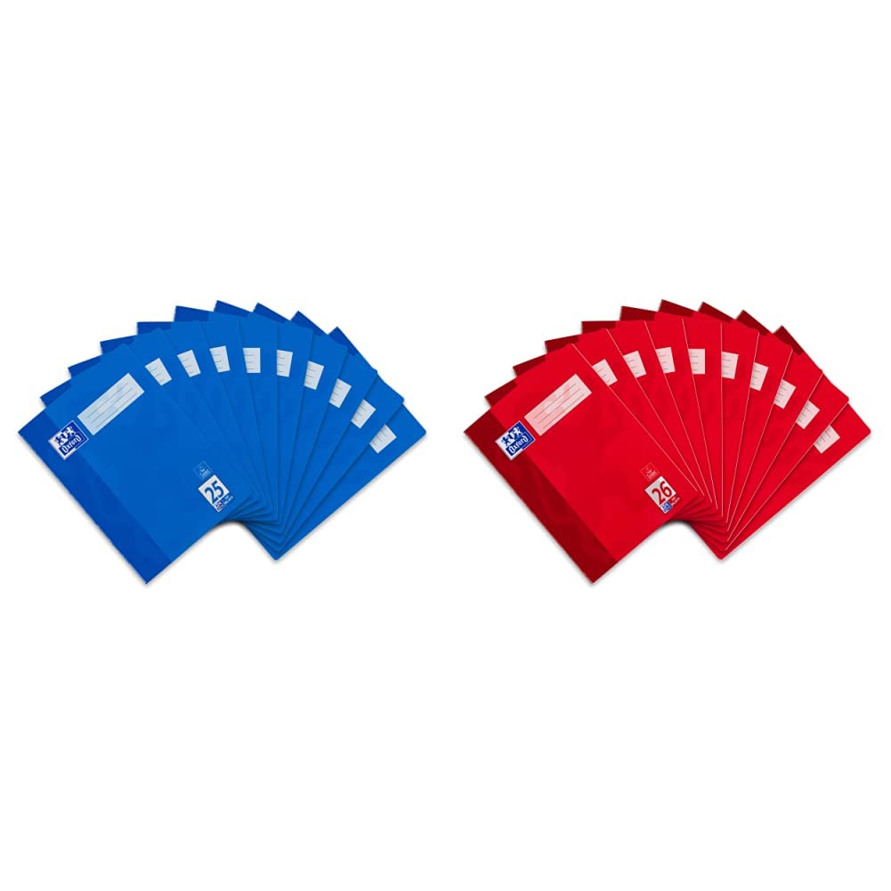 Oxford Schulheft A4, liniert, mit weißem Rand, 32 Blatt, blau, 10 Stück & Schulheft A4, kariert, mit weißem Rand, 32 Blatt, rot, 10 Stück