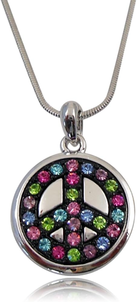 Silver Tone Pink, Blue, Green, Purple Crystals on Black Peace Sign/symbol Necklace for Girls Teens Women Prime Gift