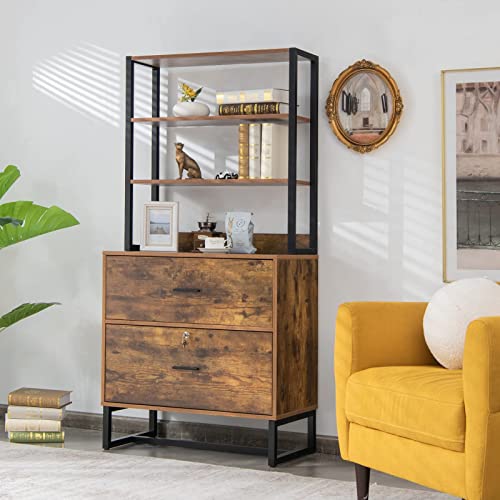 Giantex Lateral File Cabinet With 2 Drawers With Lock, 4-Tier Tall Storage Bookshelf, Steel Frame Large Bookcase, Industrial Display Shelf, Printer Stand For Home Office Filing Cabinet (Rustic Brown) #TOP24