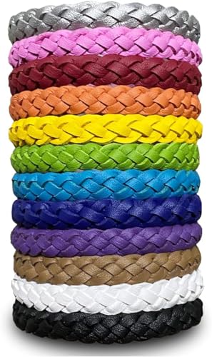 12 Pcs Leather Mosquito Repellent Bracelets, Solid Color Individually Wrapped Soft Leather Insect & Bug Repellent Wrist Bands for Kids & Adults Outdoor Camping Fishing Traveling