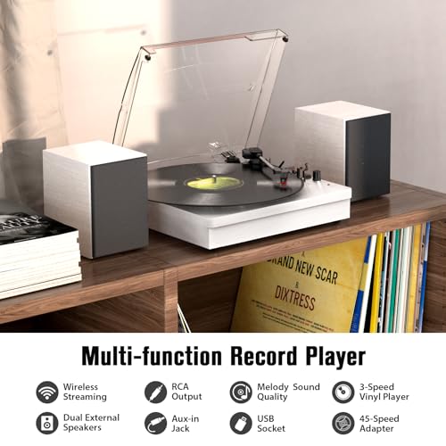 Image of Retrolife Record Player with 2 External Speakers, Vinyl Turntable, White | 3-Speed Belt-Drive Turntable for 33 /45 /78 RPM Vinyl, Bluetooth Wireless Playback, Auto Stop, AUX Headphone Input and RCA Out