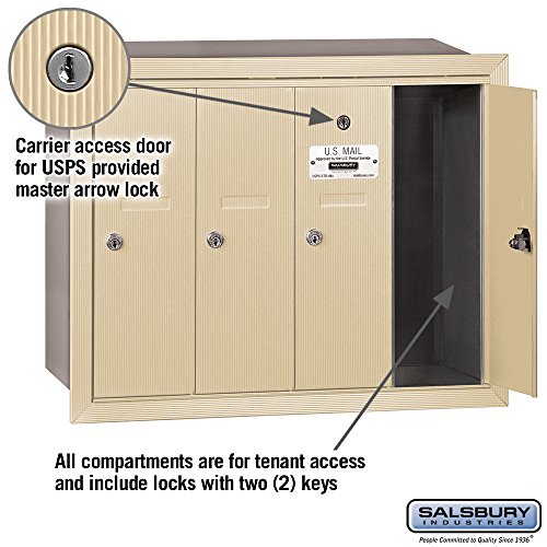 Salsbury Industries 3504SRU Recessed Mounted Vertical Mailbox for use with USPS Lock, 4 Doors, Sandstone