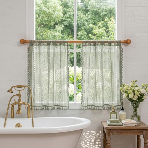 Image of MYSKY HOME Sage Green Lace Tier Curtains 24 Inch Length 2 Panels Kitchen Cafe Sheer Short Boho Half Country Rod Pocket Curtains for Small Windows Basement Bathroom, 34 inch Wide Each Panel