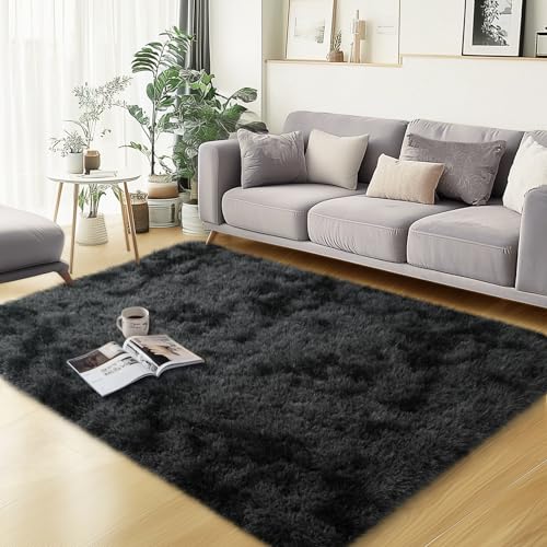 qulint 3x5 Area Rugs for Bedroom, Fluffy Rug for Living Room, Black/Grey