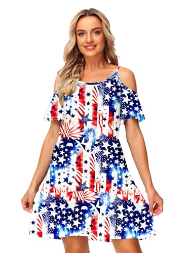 Image of Deerose Womens 4th of July Dresses Cold Shoulder American Flag Tie Dye A-Line Dress with Pockets