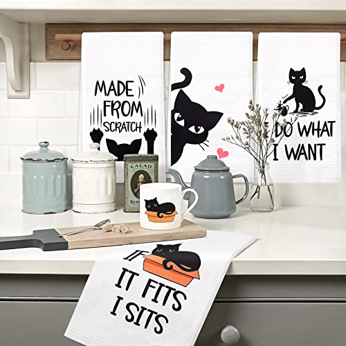 Vansolinne Funny Cat Kitchen Towels Housewarming Gifts Cat Lover Gifts New Home Tea Towels Decorative Waffle Dish Towels Set Of 4 Fun Hostess Kitchen Decor Wedding Shower Gift Housewarming Presents #TOP4