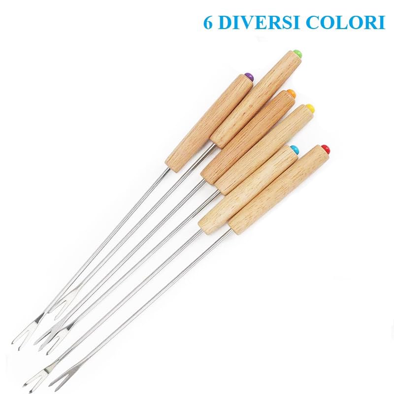 Virsus 12 Forchette da Fonduta 4905, Lunghezza 24 cm, Forchettone a 2 Punte in Acciaio Inox e Manico in Legno, 6 Colori, utensile per Fonduta di Formaggio, Barbecue, Feste ed Eventi
