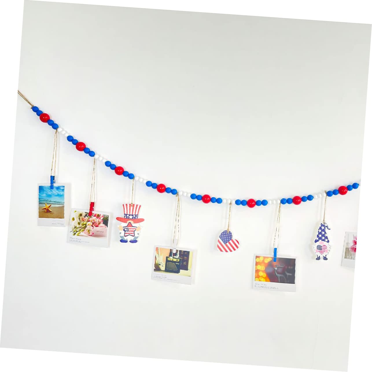 6 Stück Teiliges Holzperlen Girlanden mit Foto Clips Rustikale Wanddeko für Fotos und Notizen DIY Holzperlen Girlande für Wandaufhängung für Unabhängigkeitstag und Alltag