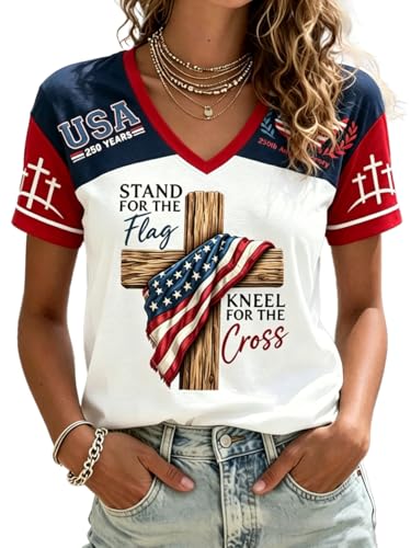Womens Americas 250Th Anniversary Stand for The Flag Kneel for The Cross Faith Christian Cross Print V-Neck T-Shirt