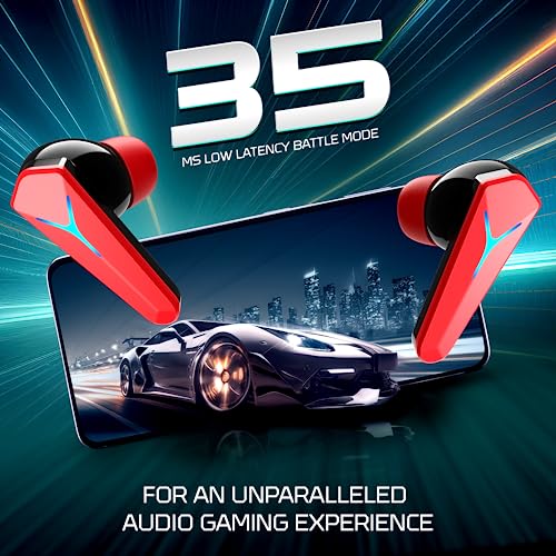 Image of Mivi Commando Q9 Gaming TWS with Aurora Light, Dual RGB,13mm Electro-Dynamic Drivers, 72Hrs Playtime,35MS Low Latency,Type C Charging,Quad Mic ENC, Made in India Gaming Earbuds - Red