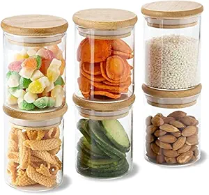 RKK Transparent Glass Container With Wooden Lid Storage Airtight Lids 270 ML Ball Mason Jars, Food Storage Containers for Home, Tea, Sugar, Salt, Spices, Coffee, Flour, Herbs, Grains Set - 3