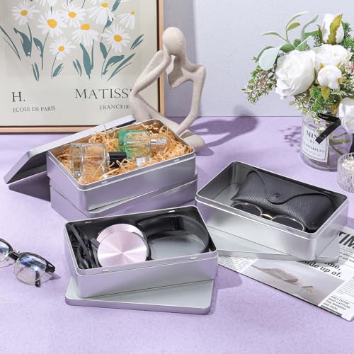 Image of Hotop 4 Pack 8.5 by 5.3 by 1.9 Inch Silver Rectangular Empty Tin Box Containers, Gift, Jewelery and Storage Tin Kit, Home Organizer