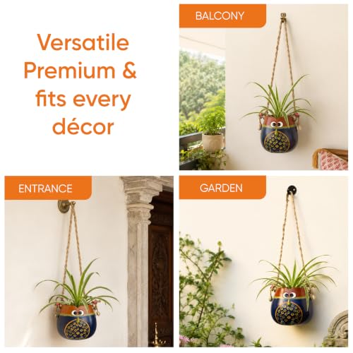 Image of AAKRITI ART CREATIONS Terracotta Hanging Planter | Blue & Brown Earthen Design with Jute Hanger, Modern Art, Matte Finish | Decorative Hanging Pot for Indoor & Outdoor Home Decor