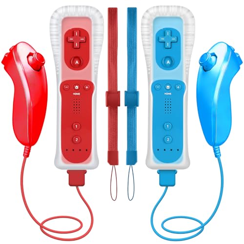 Image of HZIME Replacement Remote Controller Compatible for Wii & Wii U, Built-in 2 in 1 Motion Plus with Silicon Case and Nunchuck (2 Pack Blue & Red)