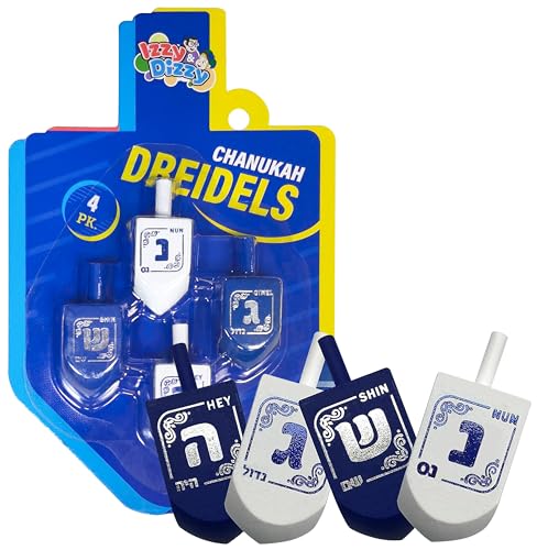 Izzy 'n' Dizzy Hanukkah Dreidels - Blue and White Wooden Dreidel - 4 Pack Medium - Hand Painted - Game Instructions Included