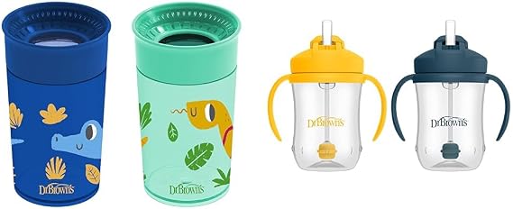 Dr. Brown's Milestones Cheers 360 Spoutless Transition Cup, Travel Friendly and Leak Free Sippy, Blue Animals, 10 oz/300 mL with Baby's First Straw Cup, Blue/Yellow, 9 oz/270 mL, BPA-Free, 9m+, 4-Pack