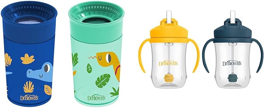 Dr. Brown's Milestones Cheers 360 Spoutless Transition Cup, Travel Friendly and Leak Free Sippy, Blue Animals, 10 oz/300 mL with Baby's First Straw Cup, Blue/Yellow, 9 oz/270 mL, BPA-Free, 9m+, 4-Pack