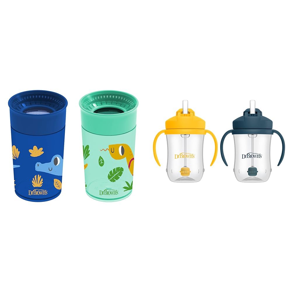 Dr. Brown's Milestones Cheers 360 Spoutless Transition Cup, Travel Friendly and Leak Free Sippy, Blue Animals, 10 oz/300 mL with Baby's First Straw Cup, Blue/Yellow, 9 oz/270 mL, BPA-Free, 9m+, 4-Pack