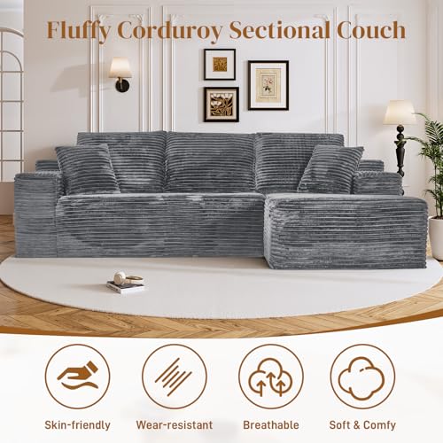 Image of 108 inch L Shaped Boneless Sectional Couches for Living Room, Comfy Corduroy Floor Cloud Sofa with Chaise, Wide Armrest, Deep Seat, Memory Foam, Assembly Free, Ideal for Small Spaces, Grey