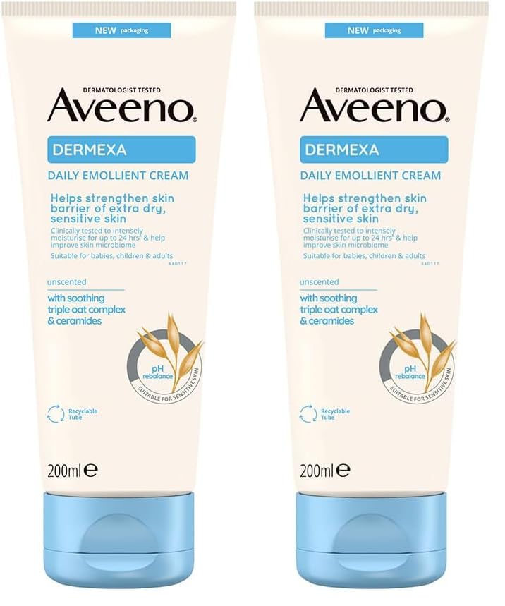 Aveeno Dermexa Daily Emollient Cream (200 ml), crema emoliente de uso diario, crema hidratante facial para piel atópica, loción corporal para pieles propensas a eczemas (Paquete de 2)