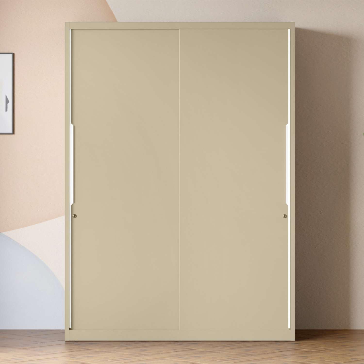 GODREJ INTERIO Almirah Slide N Store Pro 2-Door Steel Sliding Wardrobe for Clothes (Textured Oatmeal), 1-Year Warranty, 5 Shelves, 2 Drawer