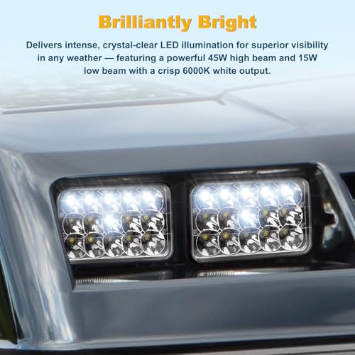 Image of 4x6 Inch Rectangular LED Headlights, 2PCS with H4 Socket - Compatible with Peterbilt, Kenworth, Freightliner, Ford Probe, Chevy Cutlass | Replaces H4651, H4652, H4656, H4666, H6545