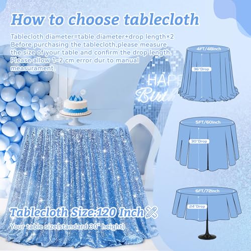 Image of B-COOL Sequin Tablecloth Birthday Party Decor: 120 Inch Round Table Cloth Baby Blue Glitter Fabric Overlay for Indoor Outdoor Dining Parties Home