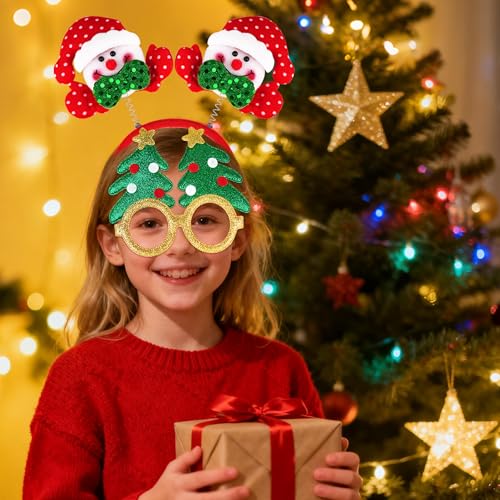 Image of fiintrwa Christmas Headband Beads Necklace Hair Hoop Eyewear Eyeglass Santa Hat Photo Props for Xmas Party Decoration Supplie