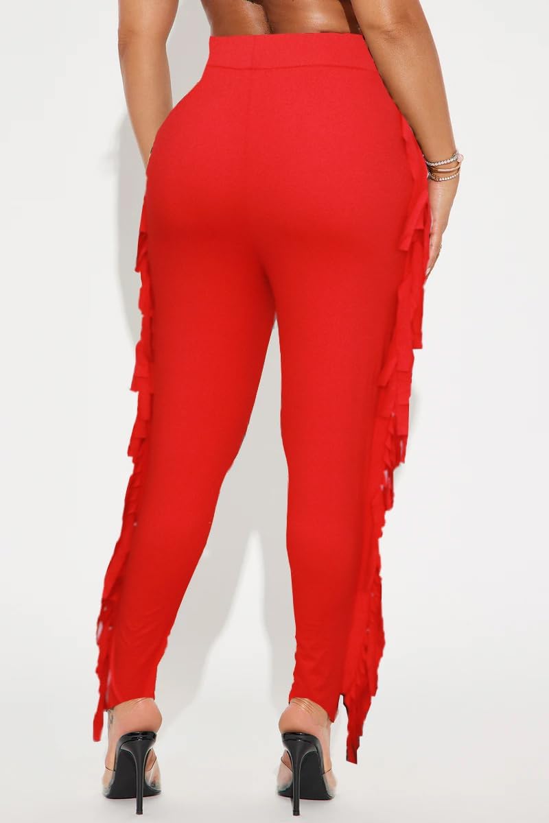 Women's High Waisted Fringe Pants Casual Going Out Rave Club Outfits Leopard Tassels Yoga Leggings Sweatpants