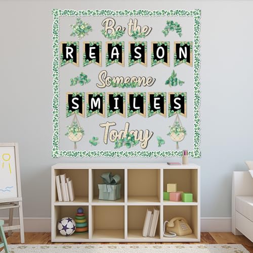 Image of Eucalyptus Bulletin Board Decoration Set Welcome Classroom Decor Be The Reason Someone Smile Today Bulletin Board Greenery Inspirational Eucalyptus Cutouts for Home School Chalkboard Door Wall Decor