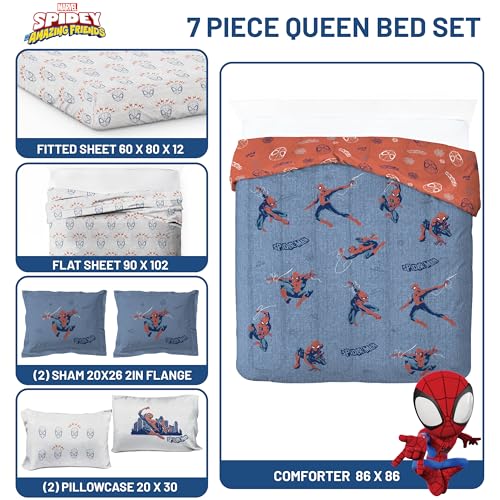 Image of Marvel Spiderman Queen Comforter Set 7 Piece Bedding for Boys, Blue | Bed in a Bag, Comforter Sheets Shams Pillowcases, Official Product, Soft Microfiber, Machine Washable, Boys Gift