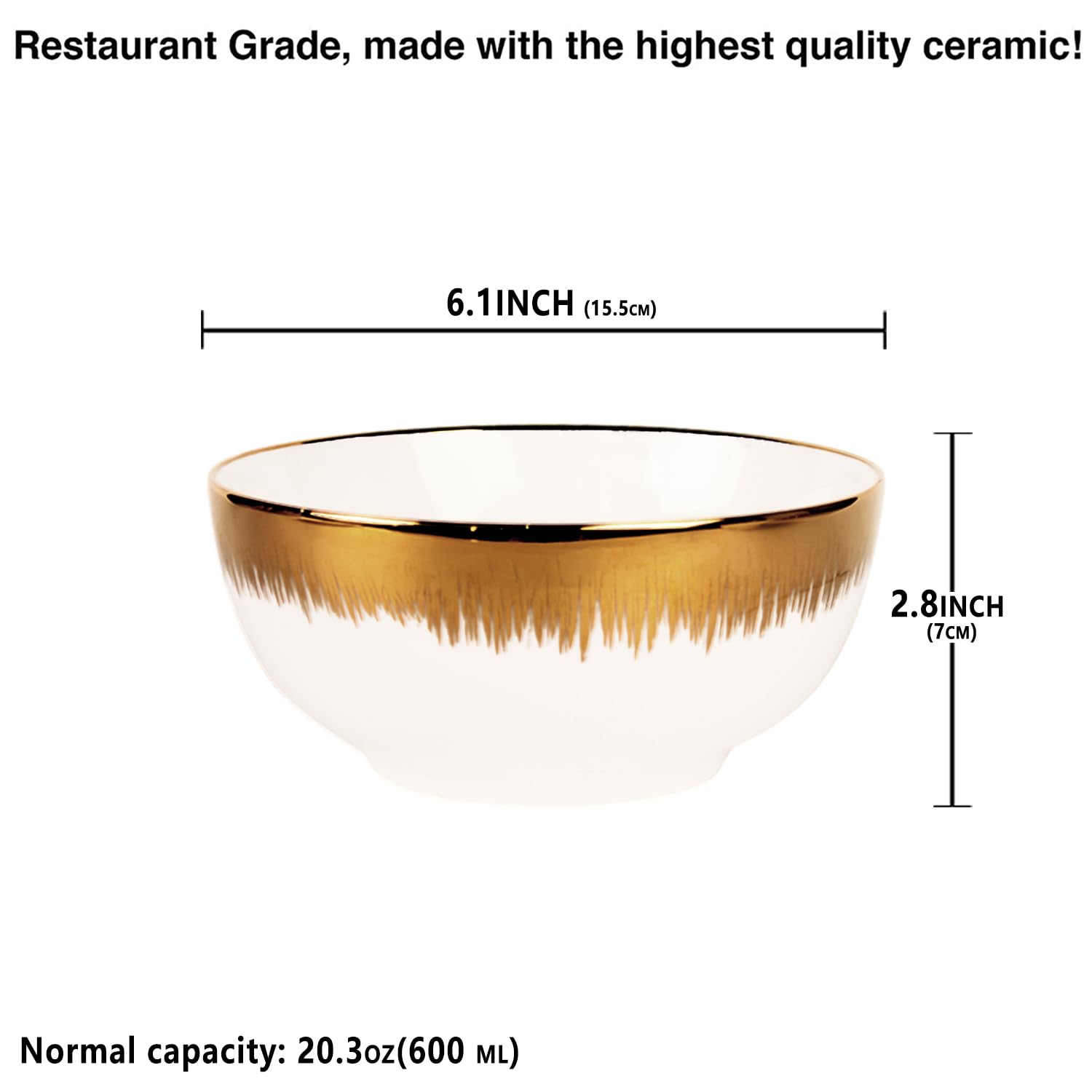 jinsongdafa Ceramic Cereal Bowls Set - Gold plated 20 Oz, for Soup, Salad, Pasta, Oatmeal, Ramen Bowls Set of 4, Perfect for Wedding, Party Decorations, Banquet, Birthday Celebrations, 6.1 Inch