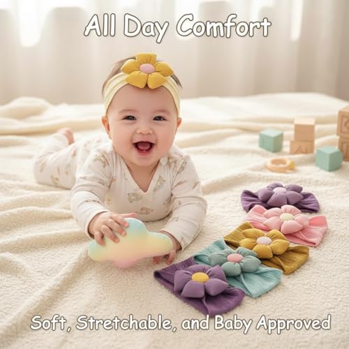 Image of BAKEFY -6 Super Stretchy Soft Knot Headbands with Hair Bows Flower Head Wrap Hair Accessories For Newborn Baby Girls Infant Toddlers Kids