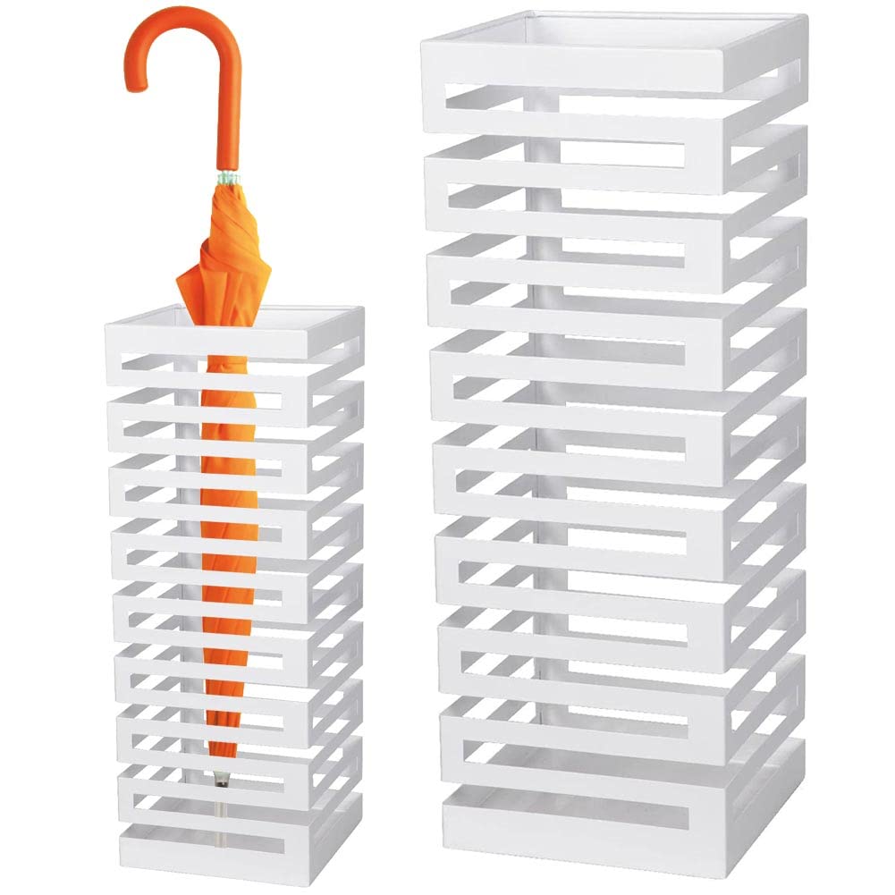 BAKAJI Portaombrelli in Metallo Forma Quadrata con Decorazione a Intarsi Stand per Ombrelli Design Moderno Dimensioni 52 x 19 cm (Bianco)