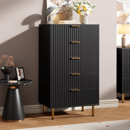 5 Drawer Dresser for Bedroom, 48" Tall Modern Chest of Drawers with Deep Drawers and Wide Top, Fluted Wooden Dresser Organizer for Living Room, Hallway, Kids Room, Black