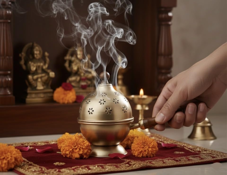 Image of ๐๐๐๐๐๐ ๐๐๐๐๐ Metal Dhoop Holder | Incense Burner | Loban Dani | Dhoop Dani | Metal Loban Dhoop Dani | Dhoop Dani Stand Burner for Puja. (Gold)