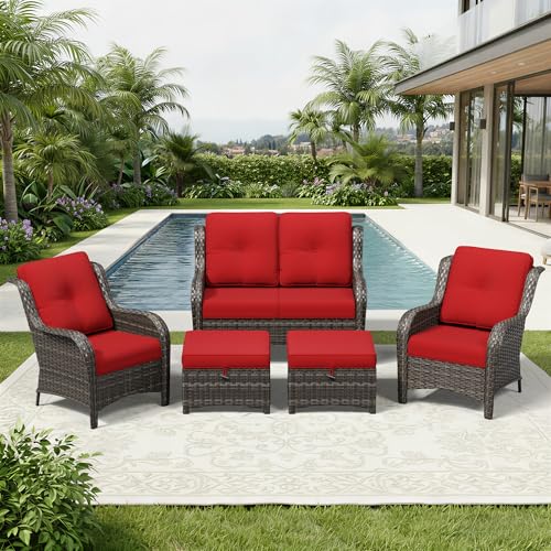 Image of Joyside 5 Piece Wicker Patio Furniture Set, Rattan Patio Chairs with High Back, Deep Seating, Wide Armrest, Thickened Cushions, Outdoor Furniture for Deck, Porch Use