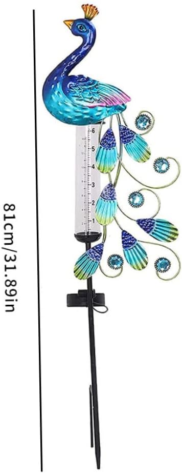 Rain Gauge Light Solar Powered Metal Peacock Garden Stakes Waterproof Yard Decorations.