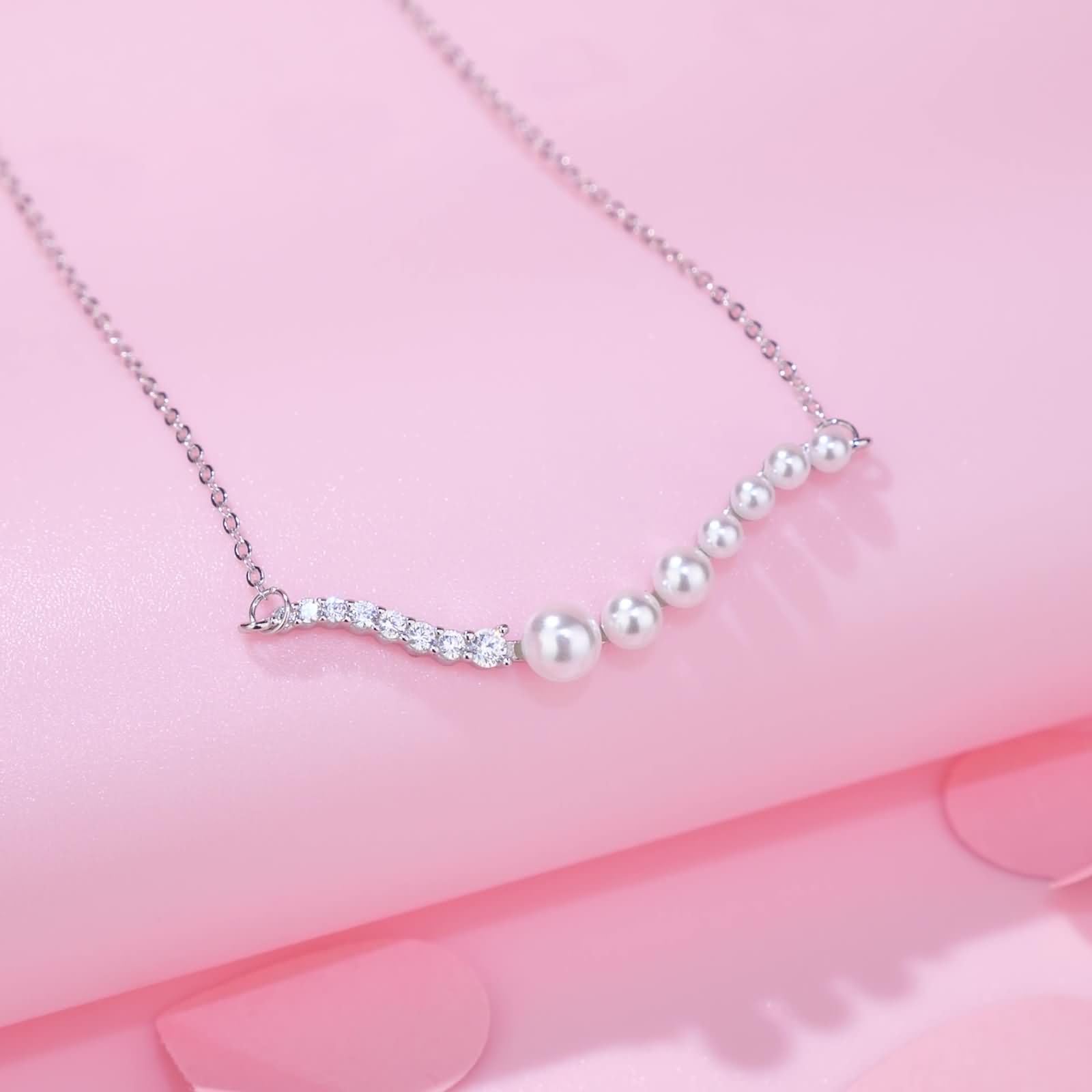 Collar de Oro Blanco 9K / 14K / 18K para Mujer, Líneas Irregulares y Perlas con Moissanita, Collar Colgante Cadena de Plata Mujer