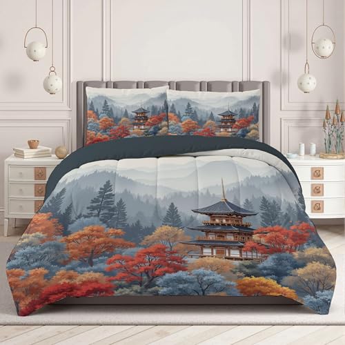 Edredón 140X200Cm con 1 Fundas De Almohada, Ligero Y Cálido Edredón Arquitectura Tradicional Antigua para Cama Doble con Patrón Árboles Frondosos, Adecuado para Cualquier Temporada,Rojo